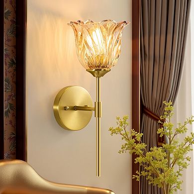 POWLIG Floral Glass Wall Sconce, Shade & Antique Gold Finish, 6.5" Modern Wall Light