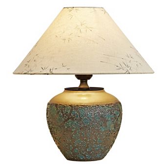 POWLIG 15.75" Retro Ceramic Table Lamp, Base with Raised Embossed Pattern and Linen Drum Shade