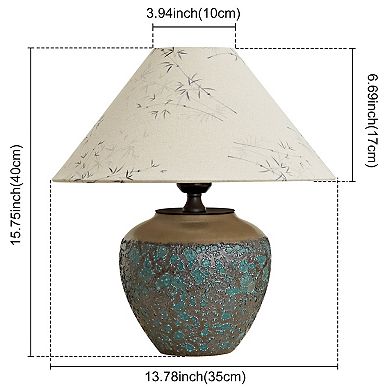 POWLIG 15.75" Retro Ceramic Table Lamp, Base with Raised Embossed Pattern and Linen Drum Shade