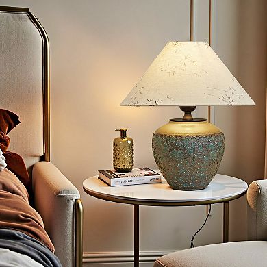 POWLIG 15.75" Retro Ceramic Table Lamp, Base with Raised Embossed Pattern and Linen Drum Shade