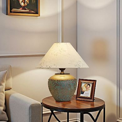 POWLIG 15.75" Retro Ceramic Table Lamp, Base with Raised Embossed Pattern and Linen Drum Shade