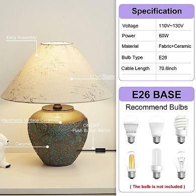 POWLIG 15.75" Retro Ceramic Table Lamp, Base with Raised Embossed Pattern and Linen Drum Shade