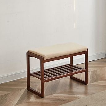 Walnut Color Solid Wood Shoe Bench, Beech Wood Storage Rack Organizer, High Rebound Sponge Cushion