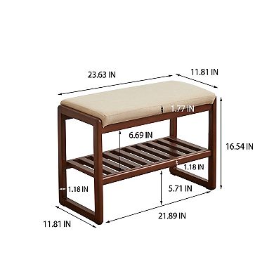 Walnut Color Solid Wood Shoe Bench, Beech Wood Storage Rack Organizer, High Rebound Sponge Cushion
