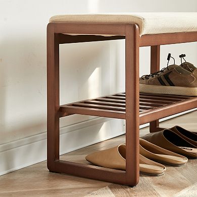 Walnut Color Solid Wood Shoe Bench, Beech Wood Storage Rack Organizer, High Rebound Sponge Cushion