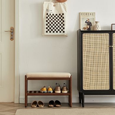 Walnut Color Solid Wood Shoe Bench, Beech Wood Storage Rack Organizer, High Rebound Sponge Cushion