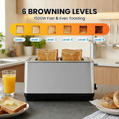4 Slice Long Slot Toaster Extra Wide Slots 6 Browning Settings Stainless Steel