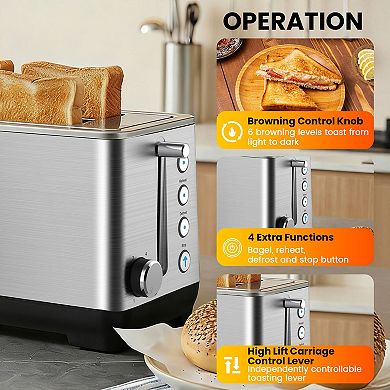 4 Slice Long Slot Toaster Extra Wide Slots 6 Browning Settings Stainless Steel