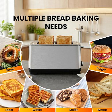 4 Slice Long Slot Toaster Extra Wide Slots 6 Browning Settings Stainless Steel