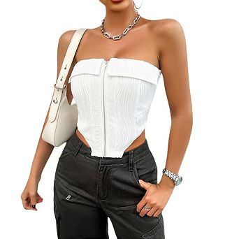 Women's Off Shoulder Vintage Strapless Mesh Bustier Zip Corset Crop Top