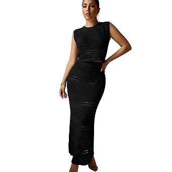 Women Knit Beach Bikini Swimsuit Cover Up Sunscreen Vest Skirt Set Hollow Out Hip Wrapped Slim Suit