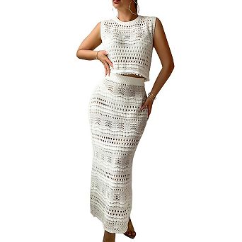 Women Knit Beach Bikini Swimsuit Cover Up Sunscreen Vest Skirt Set Hollow Out Hip Wrapped Slim Suit