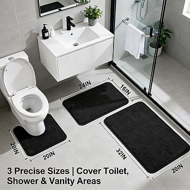 Black Memory Foam Bath Mat Set 3pc, Soft Supportive Non-Slip & Water Absorbent