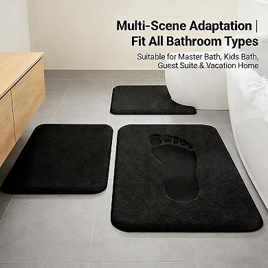 Black Memory Foam Bath Mat Set 3pc, Soft Supportive Non-Slip & Water Absorbent
