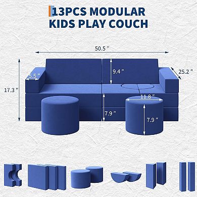 13-Piece Modular Play Couch - Convertible Foam Toddler Sofa Set with Washable Soft Covers
