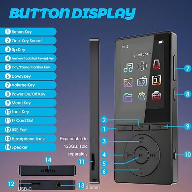 2.4" HiFi Sound Bluetooth Music MP3 Player 32GB with Speaker, Recorder, FM Radio, E-Book function