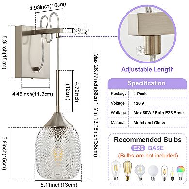 POWLIG 5.11" Modern Adjustable Wall Sconces - Dimmable Bathroom Lighting with Glass Shade