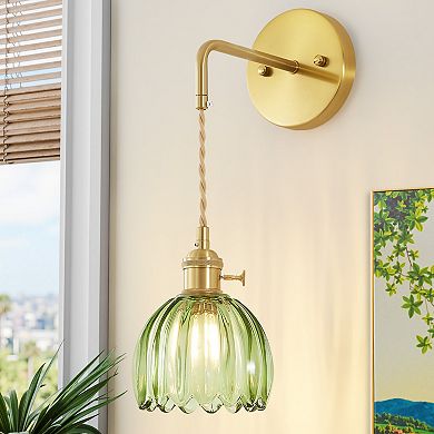POWLIG 25" Adjustable Swing Arm Wall Sconce - Vintage-Inspired with Tulip Glass Shade