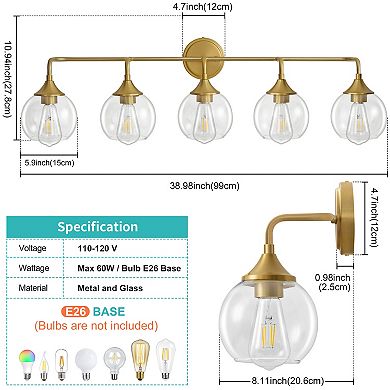 POWLIG 38.9" Vanity Light, 5-Light Dimmable Bathroom Fixture with Clear Glass Shades