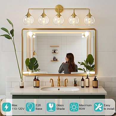 POWLIG 38.9" Vanity Light, 5-Light Dimmable Bathroom Fixture with Clear Glass Shades