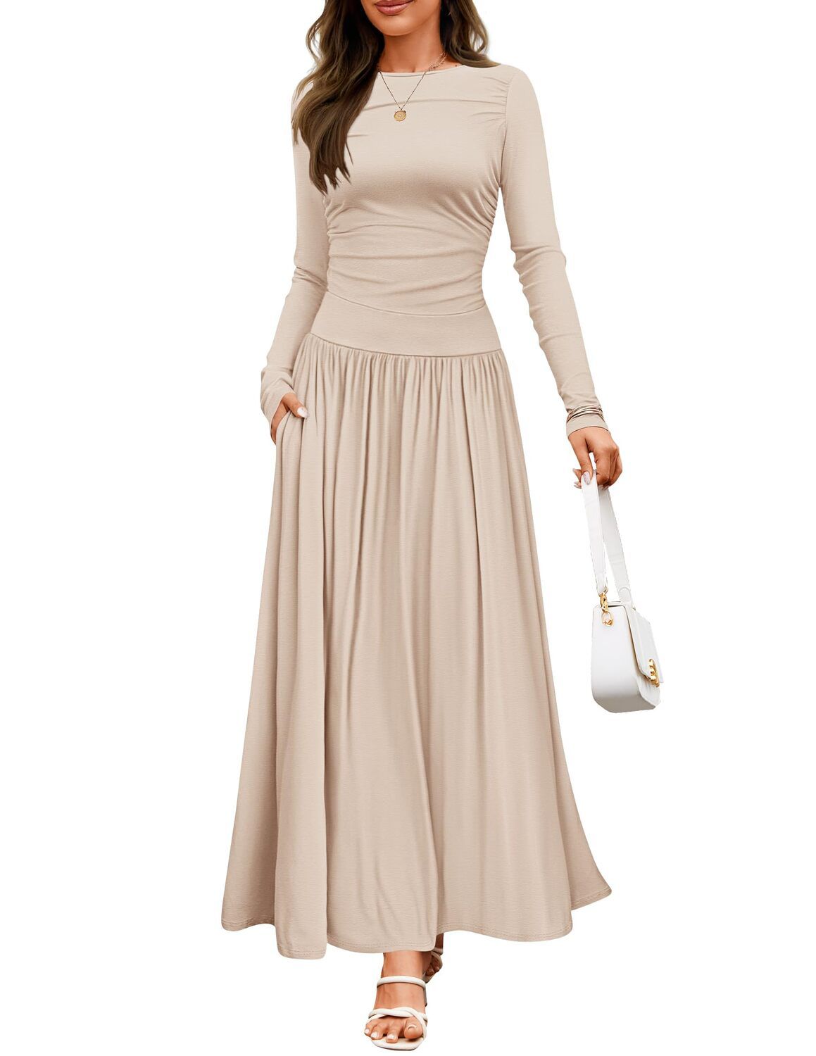 Женские платья Long Sleeve Knit Dress Crewneck Side Pockets Slim Fit