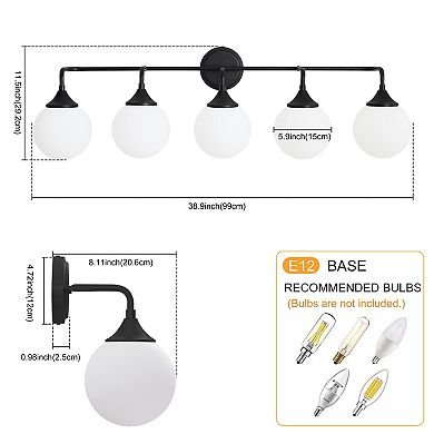POWLIG 5-Light Dimmable Vanity Light 38.9" Modern Bathroom Fixture with 5.9" Opal Glass Globes
