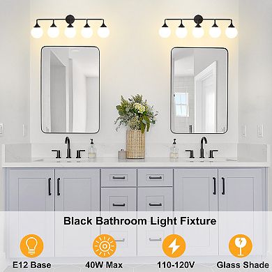 POWLIG 5-Light Dimmable Vanity Light 38.9" Modern Bathroom Fixture with 5.9" Opal Glass Globes