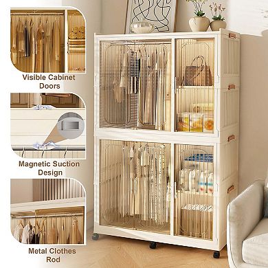 Portable Wardrobe Closet Organizer with Hanging Rods and Magnetic Doors