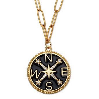 Crystal Gold Ion-Plated Compass Pendant Necklace, 19 in