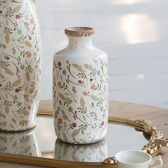 5.3x10.6" Ceramic Cylinder Vase with Multi-Colored Floral Motifs
