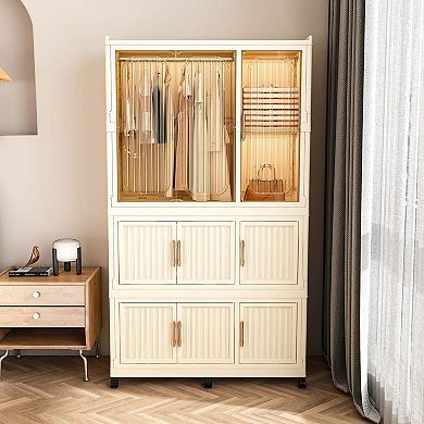 Portable Wardrobe Closet Storage Organizer 9 Magnetic Doors-9 Cubes 1 Hanging Rod,6 pcs hangers