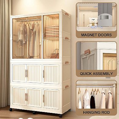 Portable Wardrobe Closet Storage Organizer 9 Magnetic Doors-9 Cubes 1 Hanging Rod,6 pcs hangers