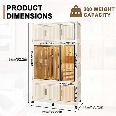 Portable Wardrobe Closet Storage Organizer 9 Magnetic Doors-9 Cubes 1 Hanging Rod,6 pcs hangers