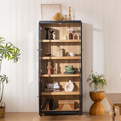Ash Wood Grain Display Cabinet Bookcase with Glass Doors