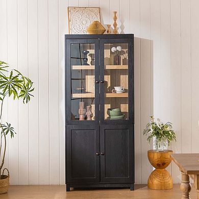 Ash Wood Grain Display Cabinet Bookcase with Glass Doors