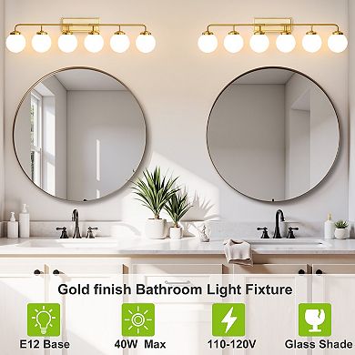 POWLIG 45.28" Vanity Light Fixture, 6-Light Bathroom Mirror Lighting with Milk White Glass Shades