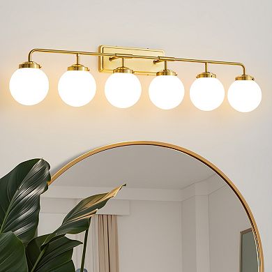 POWLIG 45.28" Vanity Light Fixture, 6-Light Bathroom Mirror Lighting with Milk White Glass Shades