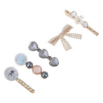 Fashion Bow Hair Clips for Home Gray Gold Tone 5 pc