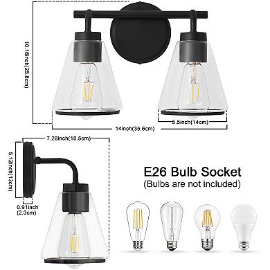 POWLIG 14" Modern Vanity Light, 2-Light Dimmable Bathroom Fixture with Clear Cone Glass Shades