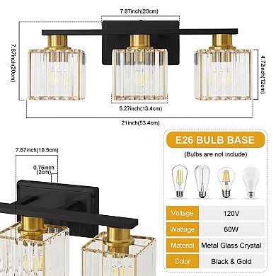 POWLIG 21" 3-Light Bathroom Vanity Light with Square Crystal Shades - Modern Luxury Lighting