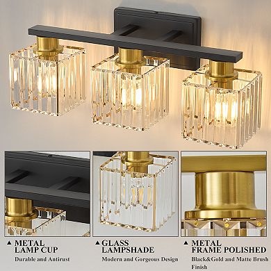 POWLIG 21" 3-Light Bathroom Vanity Light with Square Crystal Shades - Modern Luxury Lighting