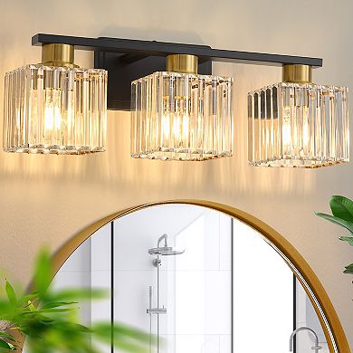 POWLIG 21" 3-Light Bathroom Vanity Light with Square Crystal Shades - Modern Luxury Lighting