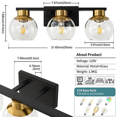 POWLIG 21.65"Vanity Light 3-Light Modern Bathroom Fixture with Clear Glass Shades