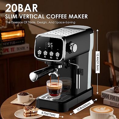 20 Bar Slim Espresso Machine with Steam Wand Cup Warmer 43 oz Water Tank Black