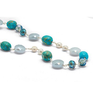 Genuine Blue Jasper and Cultured Freshwater Pearl Silvertone Necklace 34-inch