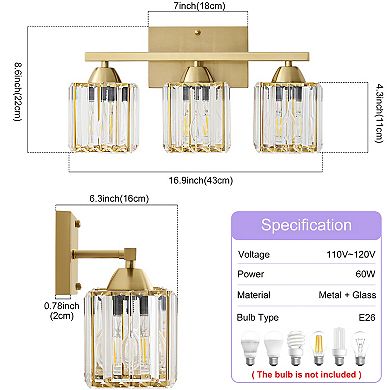POWLIG 16.9" Modern Vanity Light - 3-Light Dimmable Bathroom Light with Square Crystal Shades