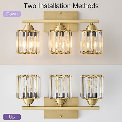 POWLIG 16.9" Modern Vanity Light - 3-Light Dimmable Bathroom Light with Square Crystal Shades