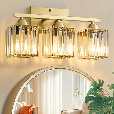 POWLIG 16.9" Modern Vanity Light - 3-Light Dimmable Bathroom Light with Square Crystal Shades