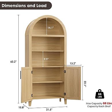 Arched Bookcase with Doors 5Tier Open Display Shelf for Home Office