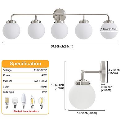 POWLIG 38.98" Vanity Light Fixture, 5-Light Bathroom Mirror Lighting with Milk White Glass Shades